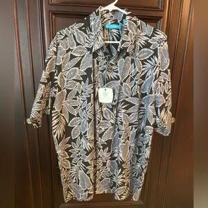 NWT Tori Richard Large Navy Tan Leaf Pattern Shirt Made in Hawaii